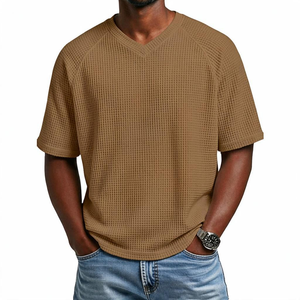 Waffle Shirt Men V-Neck Short Sleeve Textured Casual
