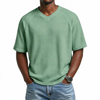 Waffle Shirt Men V-Neck Short Sleeve Textured Casual
