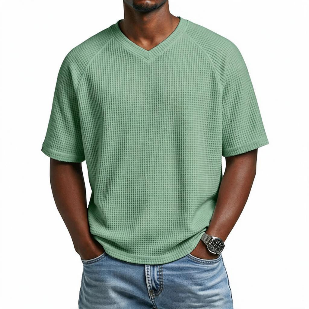Waffle Shirt Men V-Neck Short Sleeve Textured Casual