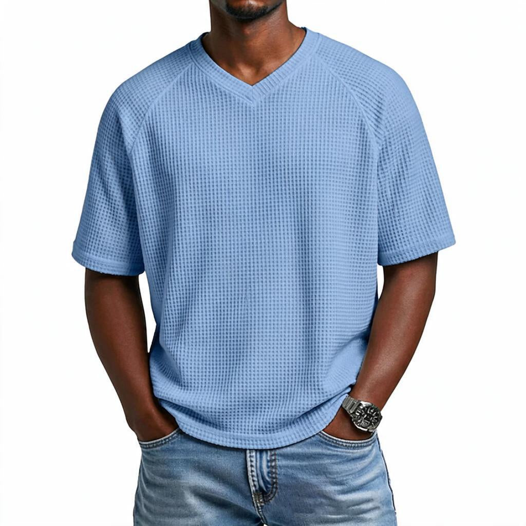 Waffle Shirt Men V-Neck Short Sleeve Textured Casual