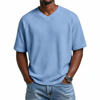 Waffle Shirt Men V-Neck Short Sleeve Textured Casual