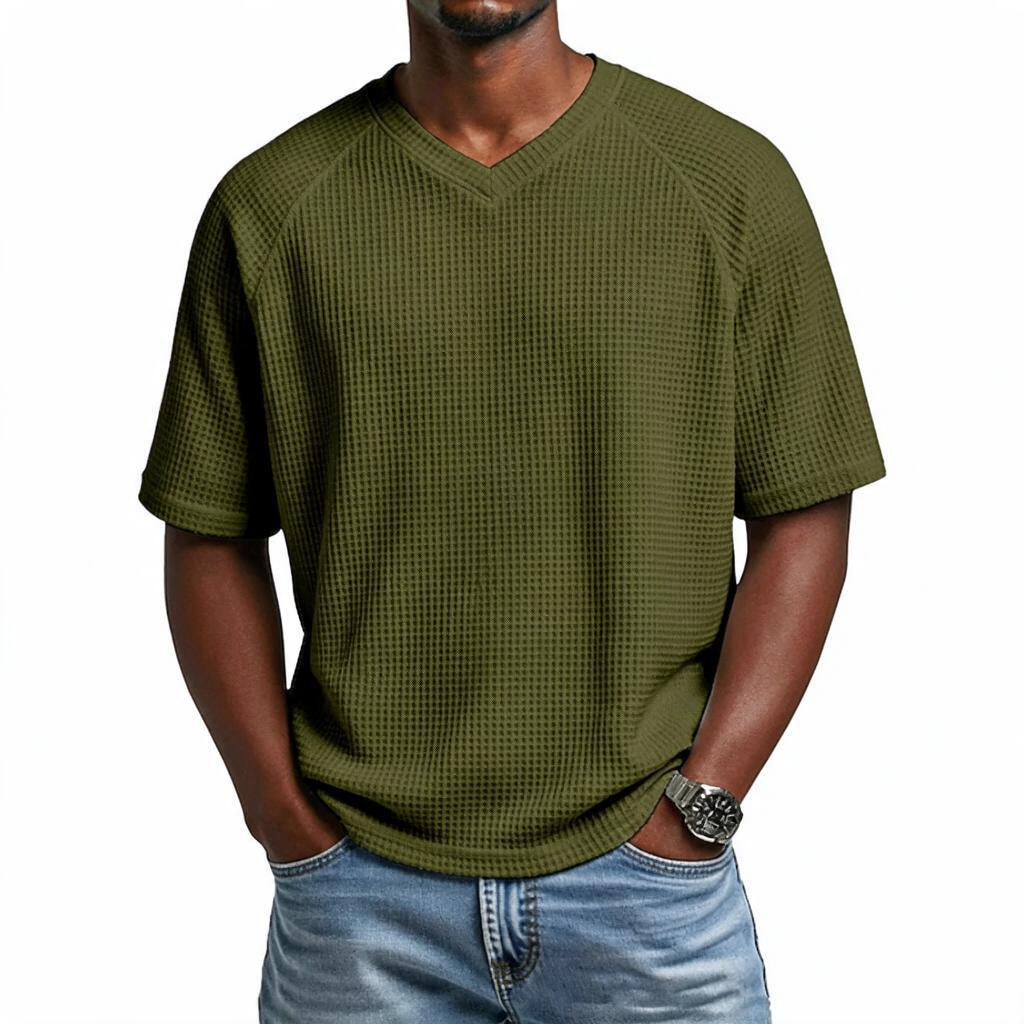 Waffle Shirt Men V-Neck Short Sleeve Textured Casual