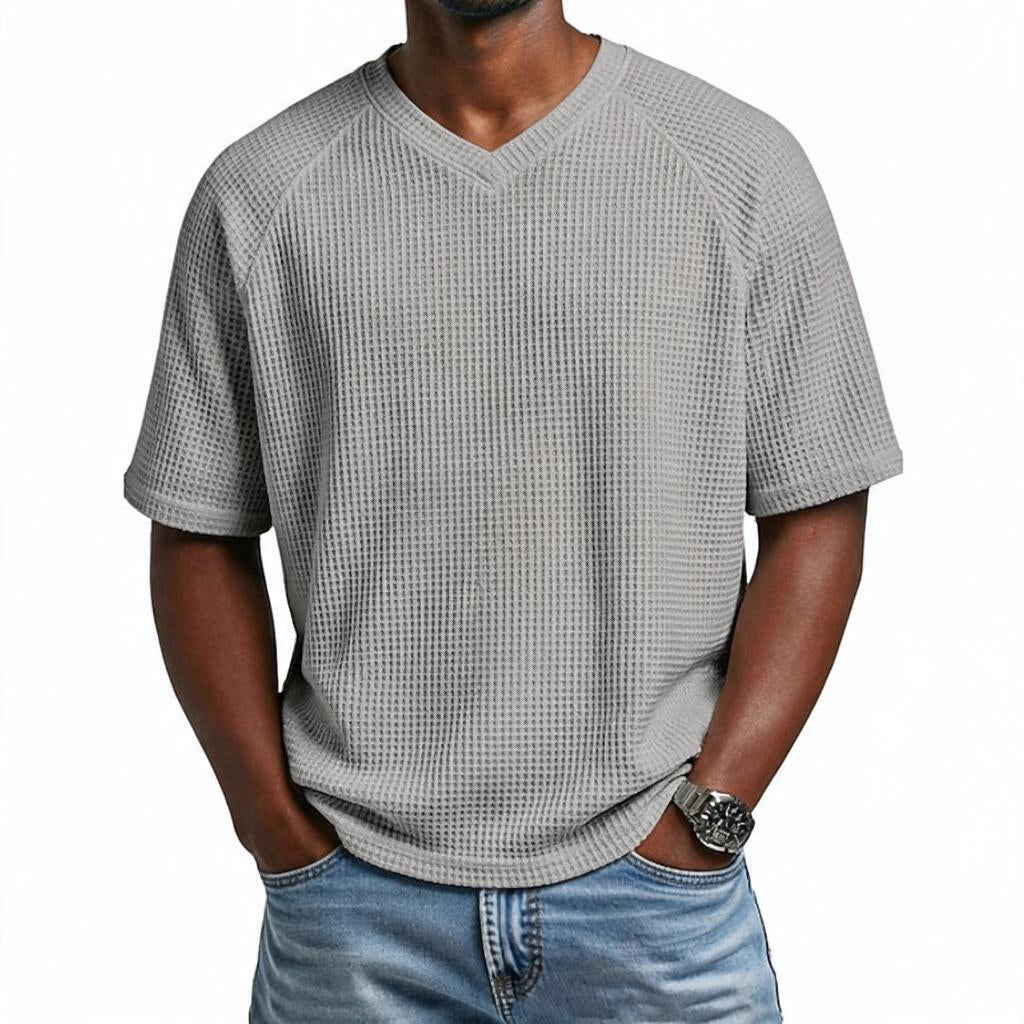 Waffle Shirt Men V-Neck Short Sleeve Textured Casual