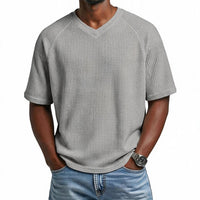 Waffle Shirt Men V-Neck Short Sleeve Textured Casual