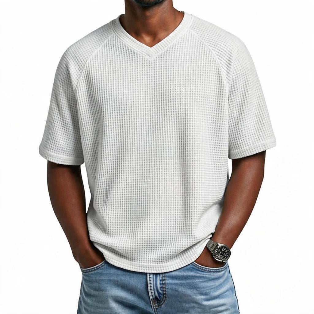 Waffle Shirt Men V-Neck Short Sleeve Textured Casual