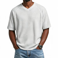 Waffle Shirt Men V-Neck Short Sleeve Textured Casual