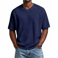 Waffle Shirt Men V-Neck Short Sleeve Textured Casual