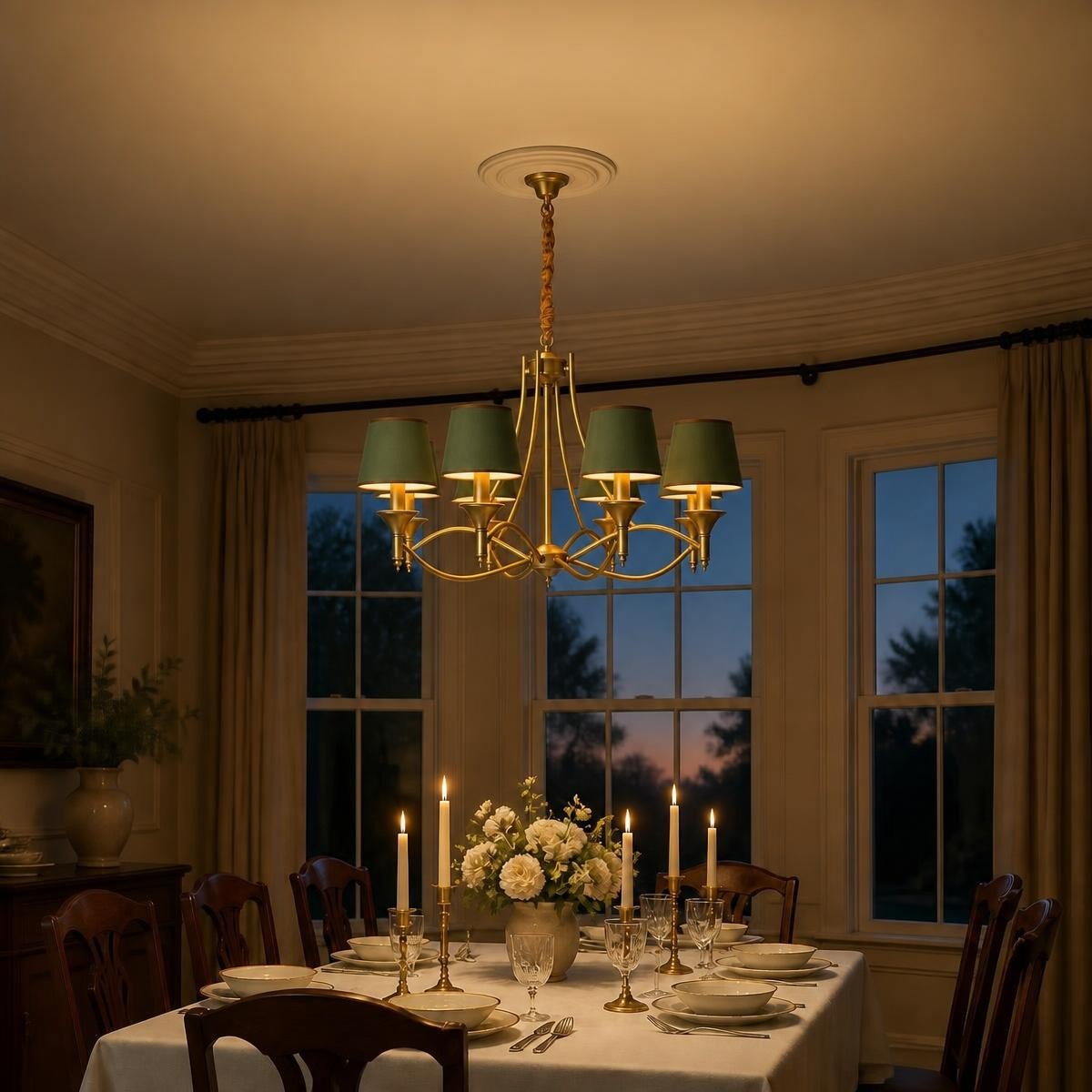 Lustre bronze moderne LED à huit abat-jours verts