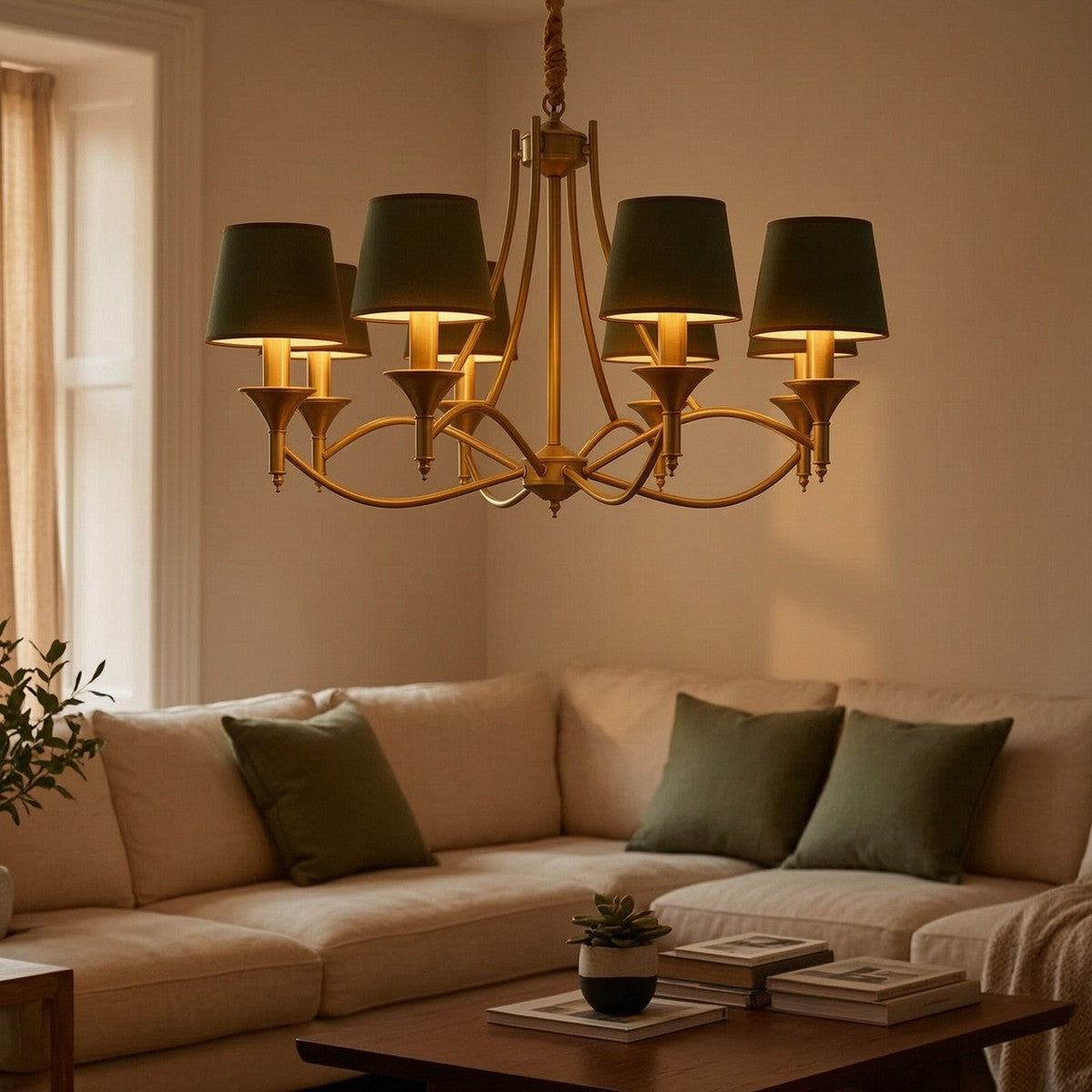 Lustre bronze moderne LED à huit abat-jours verts