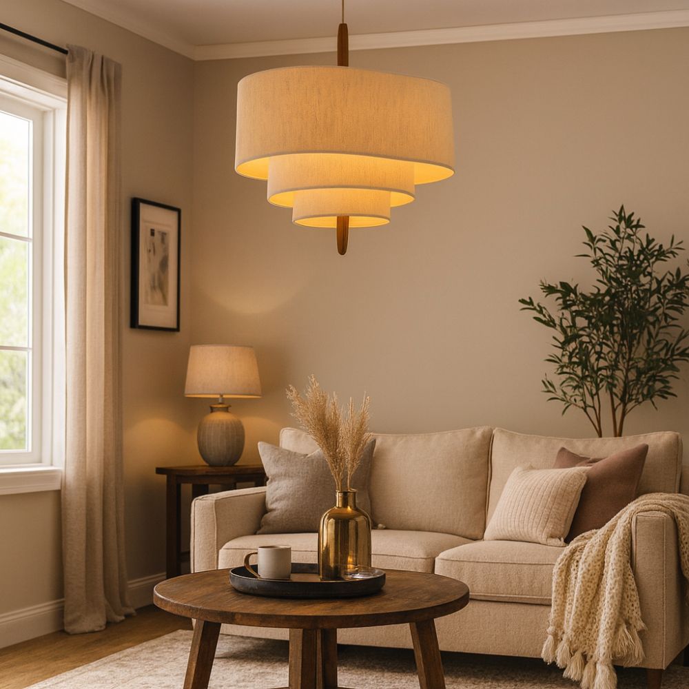 Lustre japonais suspendu en tissu beige