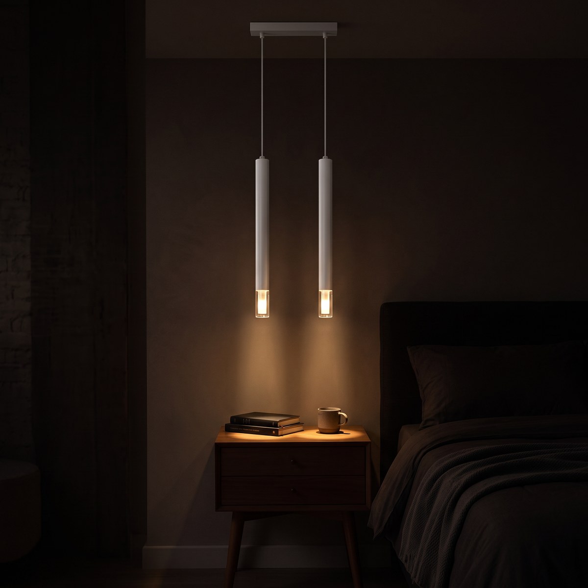 Suspension 2 tubes fins avec anneau de verre, 2 coloris