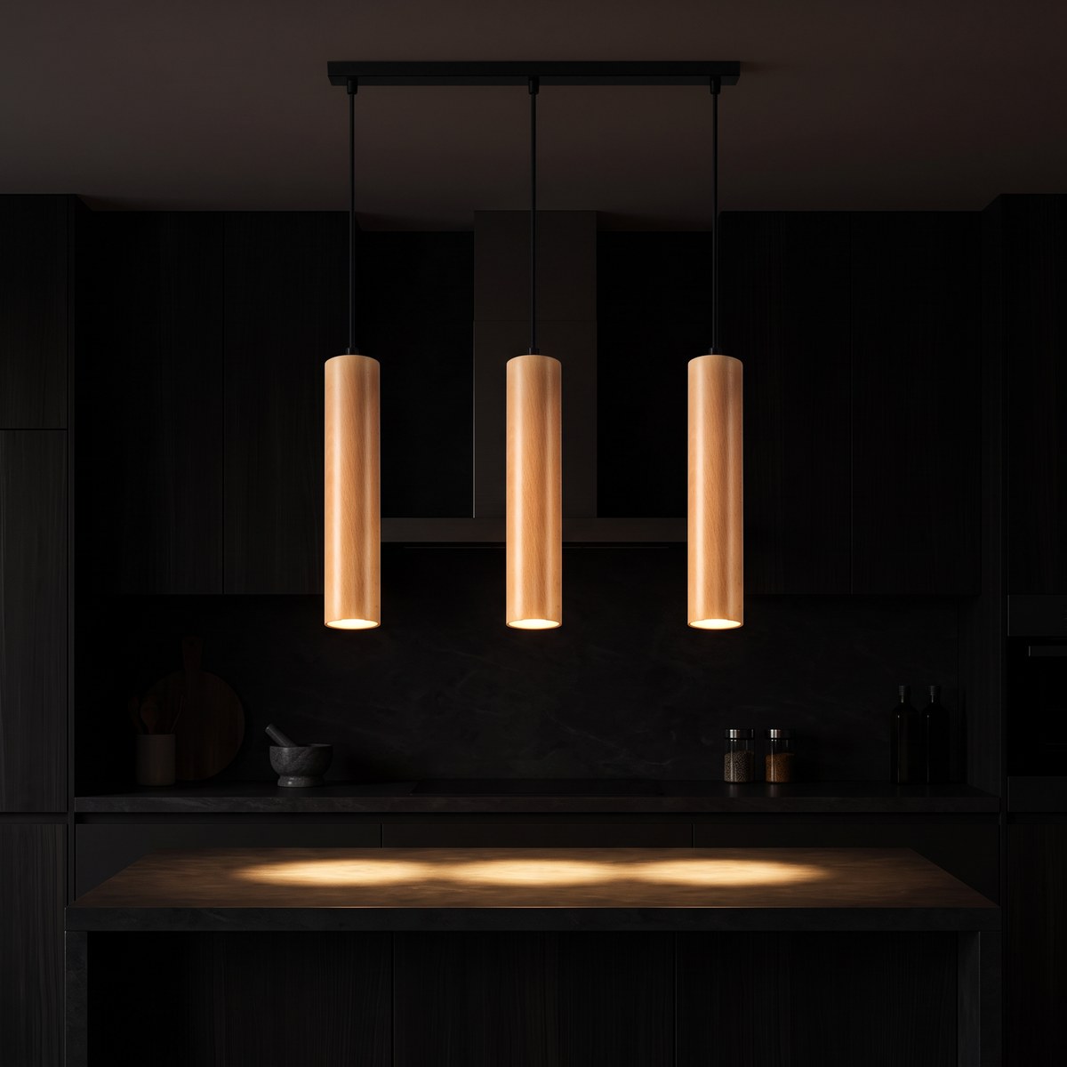 Suspension 3 tubes en bois naturel sur barre