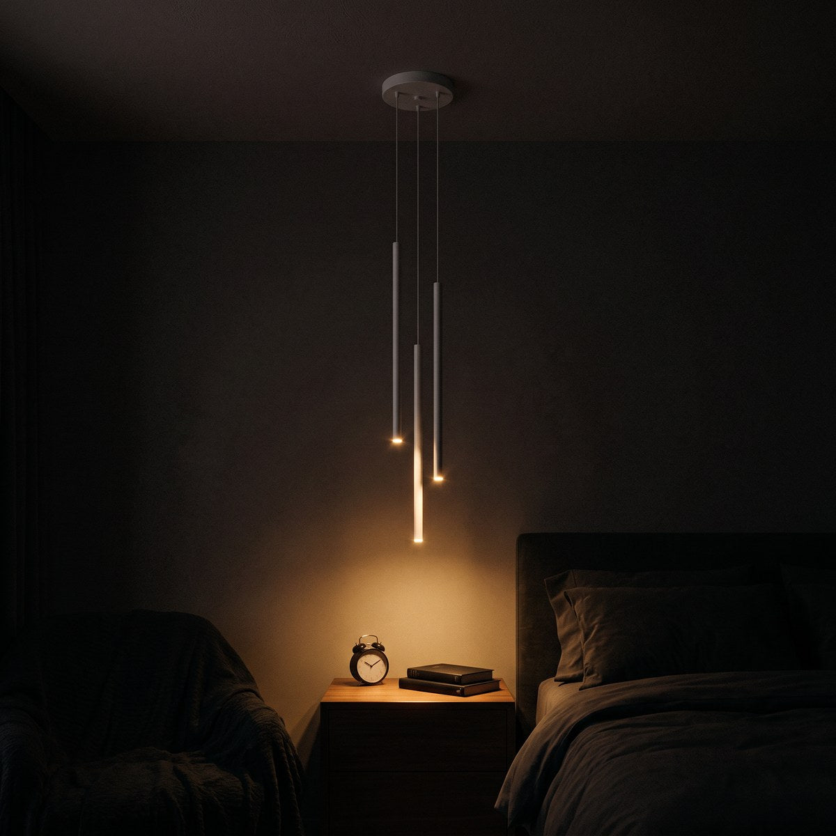 Suspension grappe 3 tiges lumineuses fines, 2 coloris