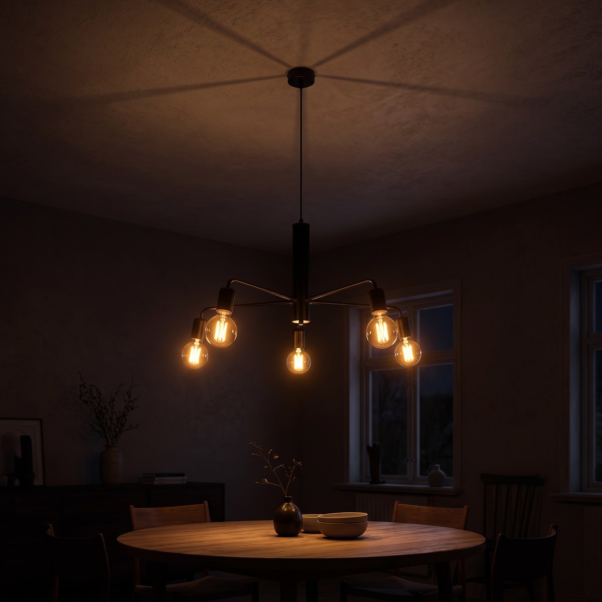 Lustre 5 ampoules sur tige en métal noir de 60 cm