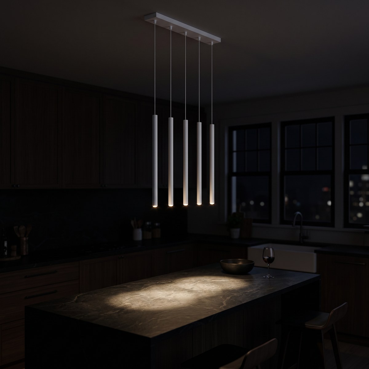Suspension 5 tiges lumineuses sur barre, 2 coloris