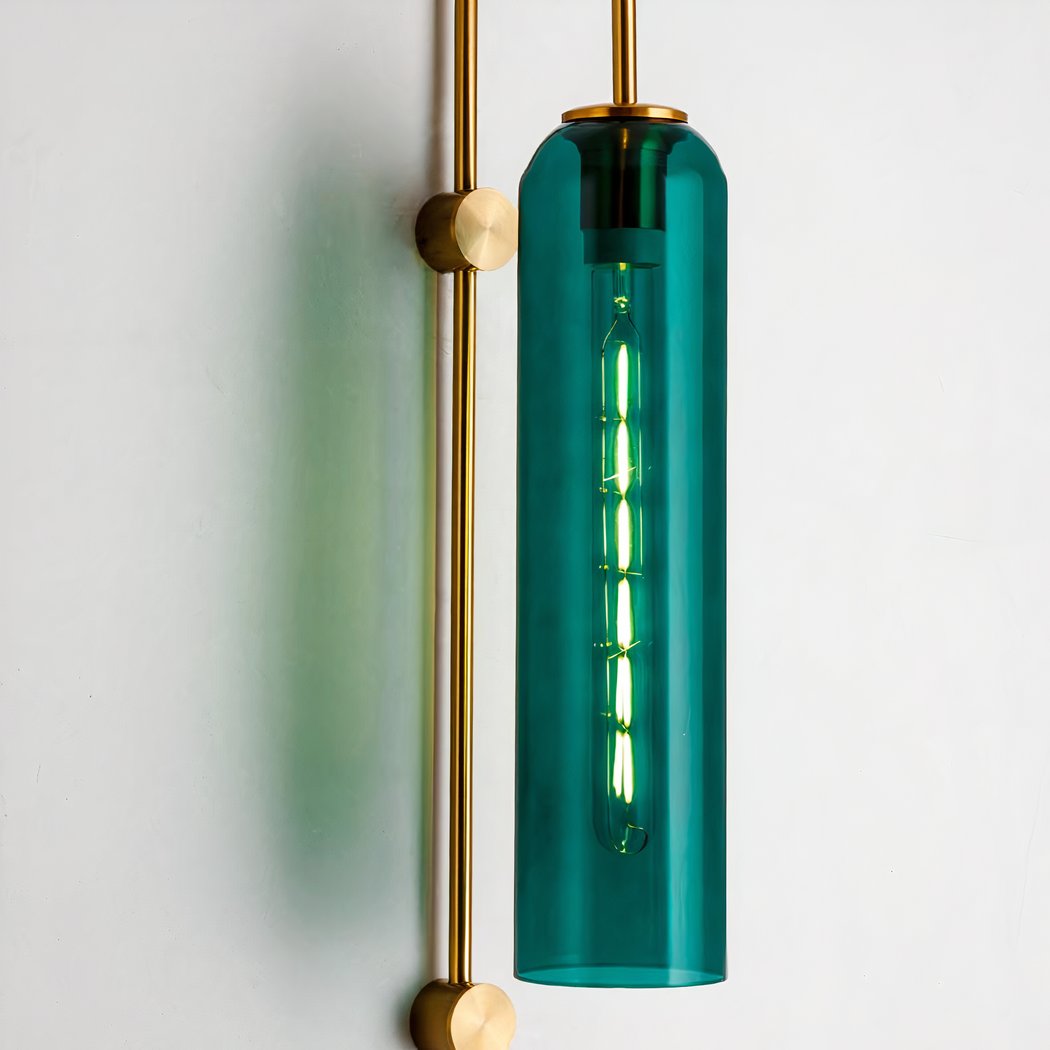 Applique murale tube en verre bleu canard fixation dorée