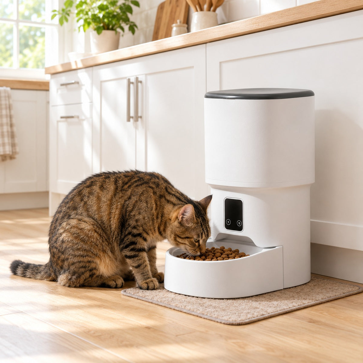 Cat eating kibble from a white automatic pet feeder in a kitchen