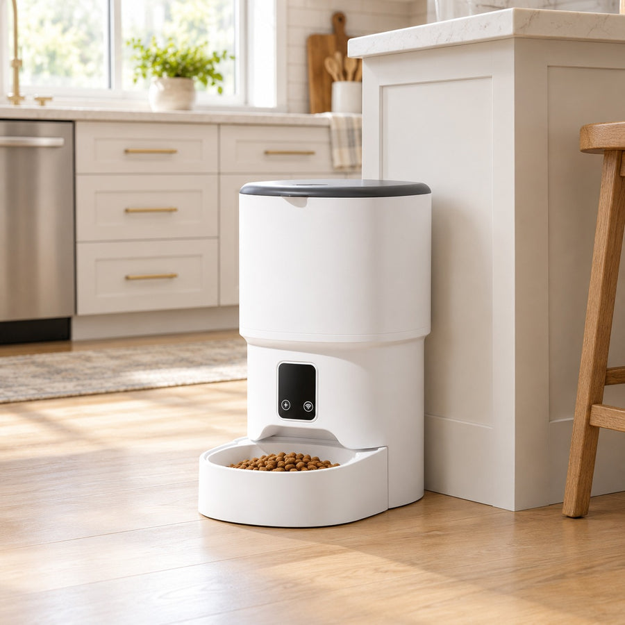 White 4L automatic pet feeder with charcoal lid in a kitchen