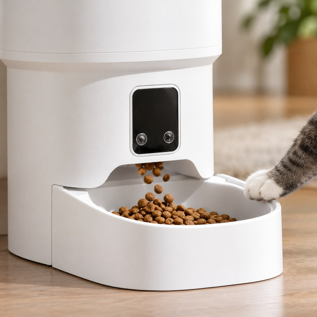 Kibble dropping into the removable bowl of the automatic pet feeder