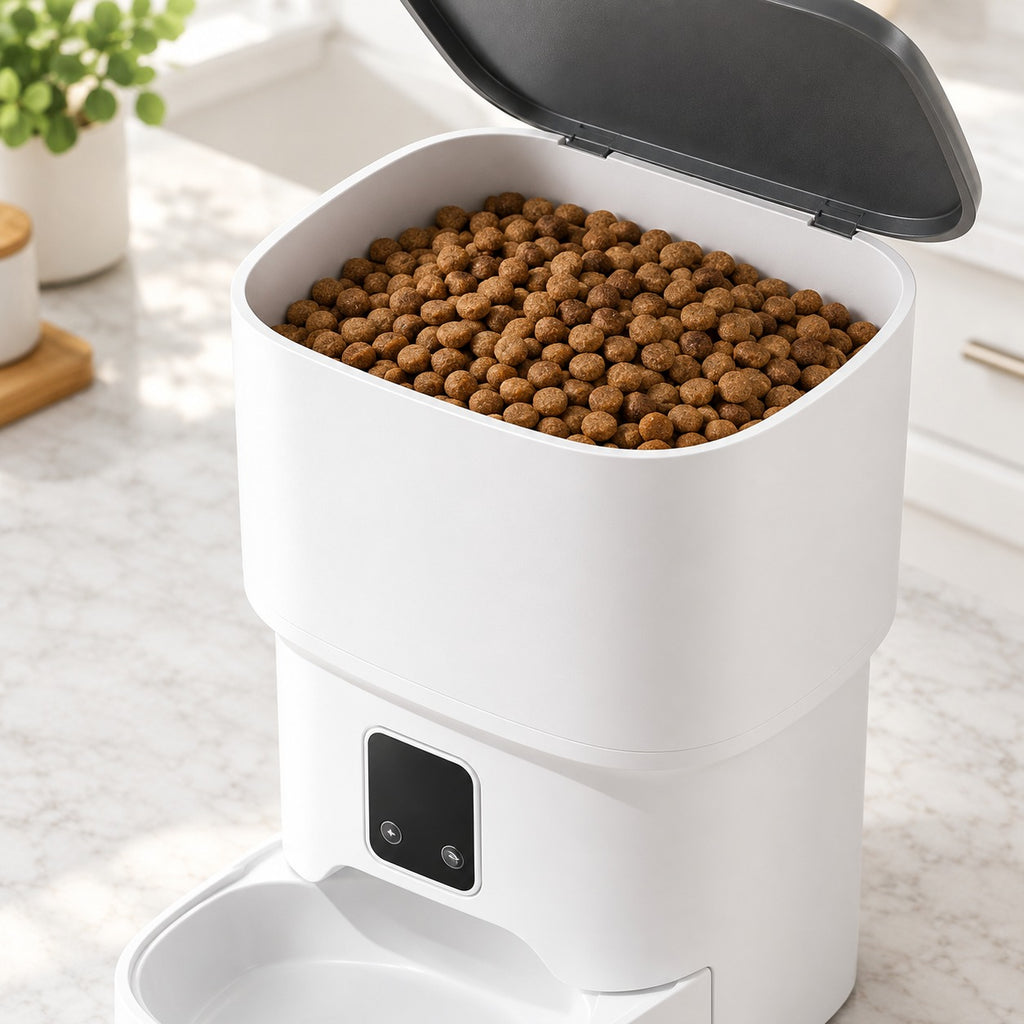Open lid of the 4L automatic pet feeder hopper filled with dry kibble