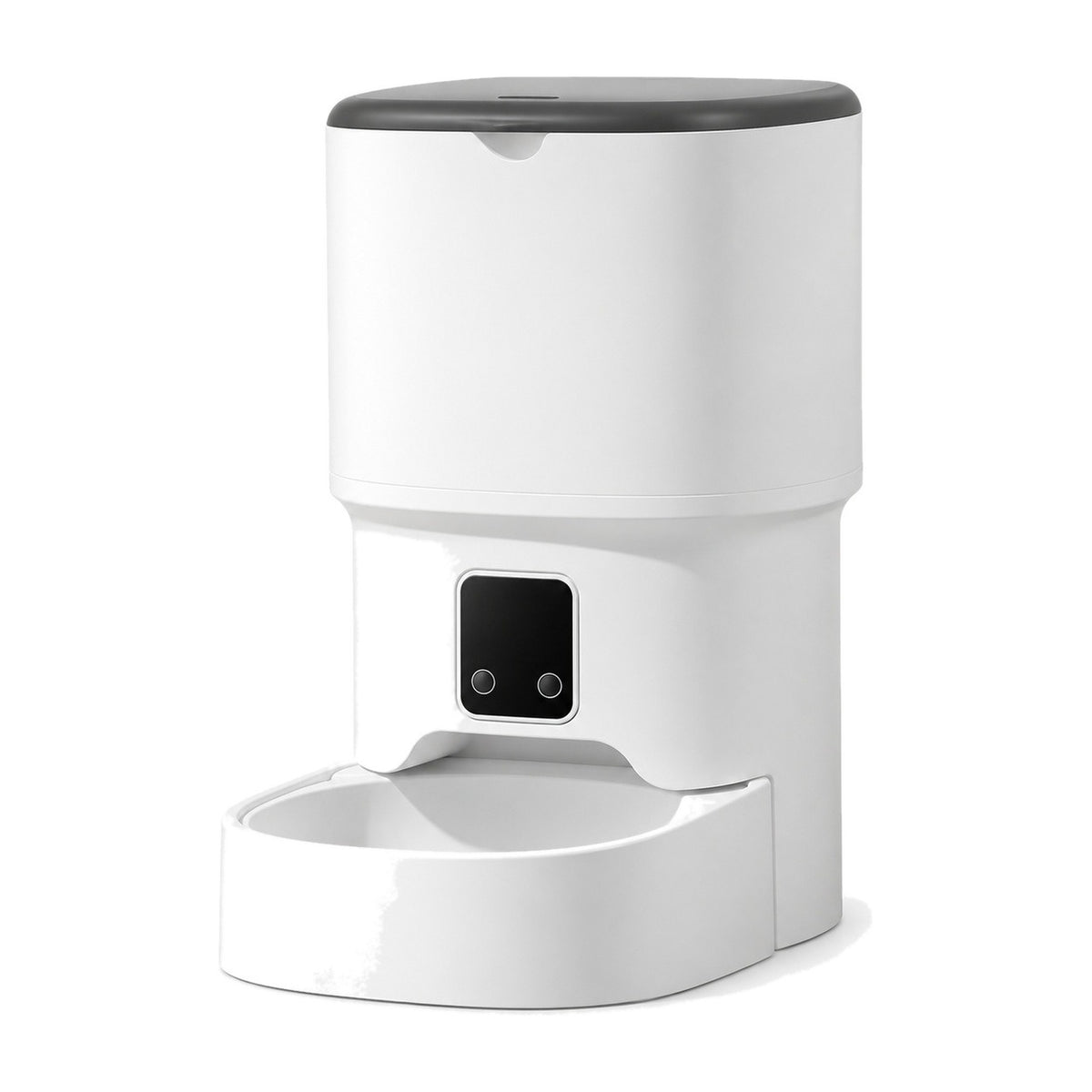 White automatic pet feeder with charcoal lid on a white background