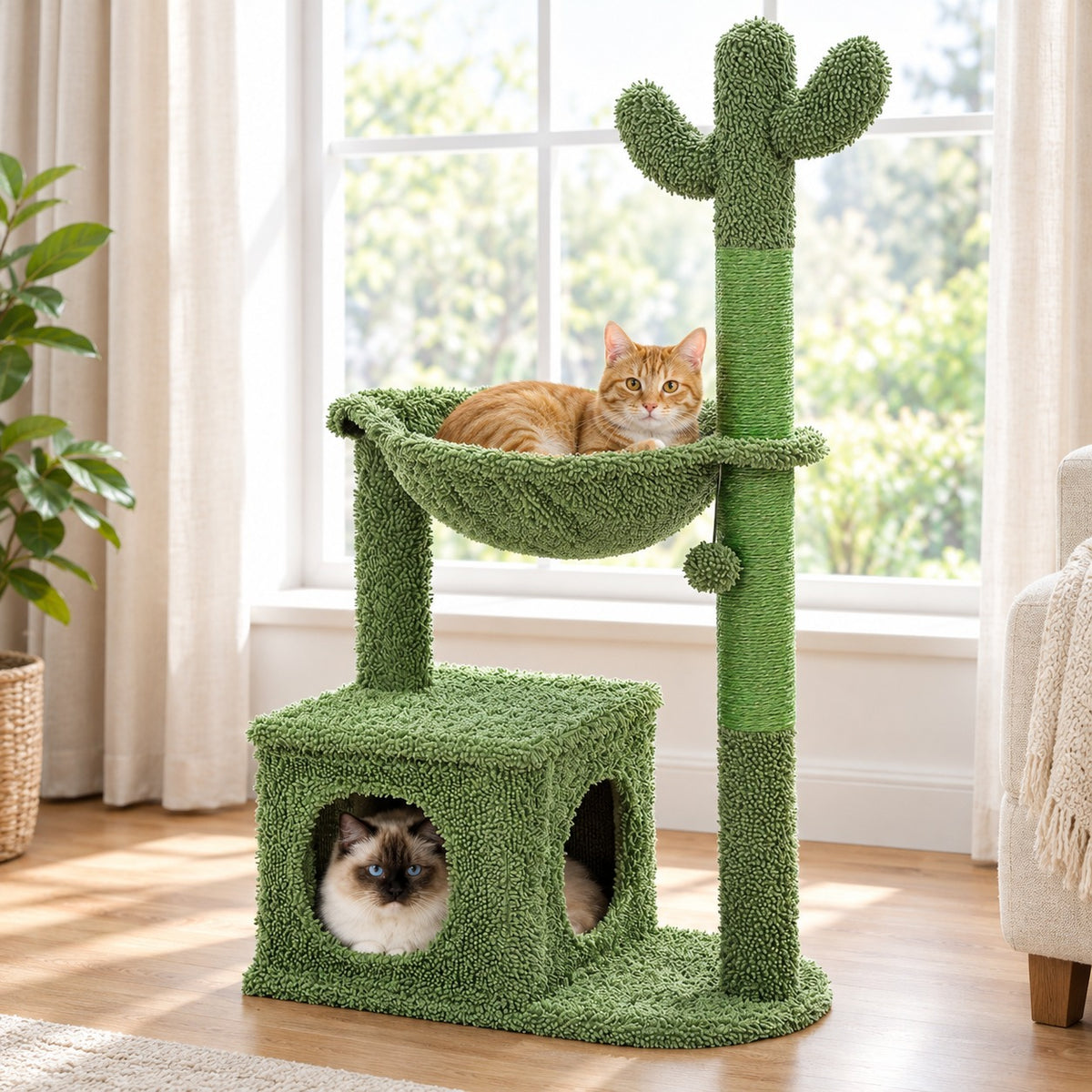 Cat curled up in the hammock of a green cactus cat tree, another cat inside the condo