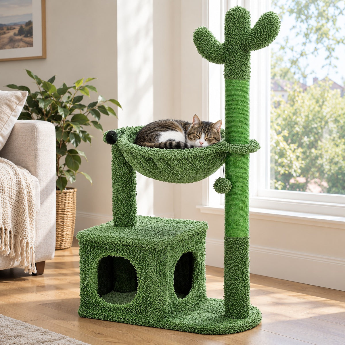 Green cactus cat tree with round hammock and two-door condo, 40 in