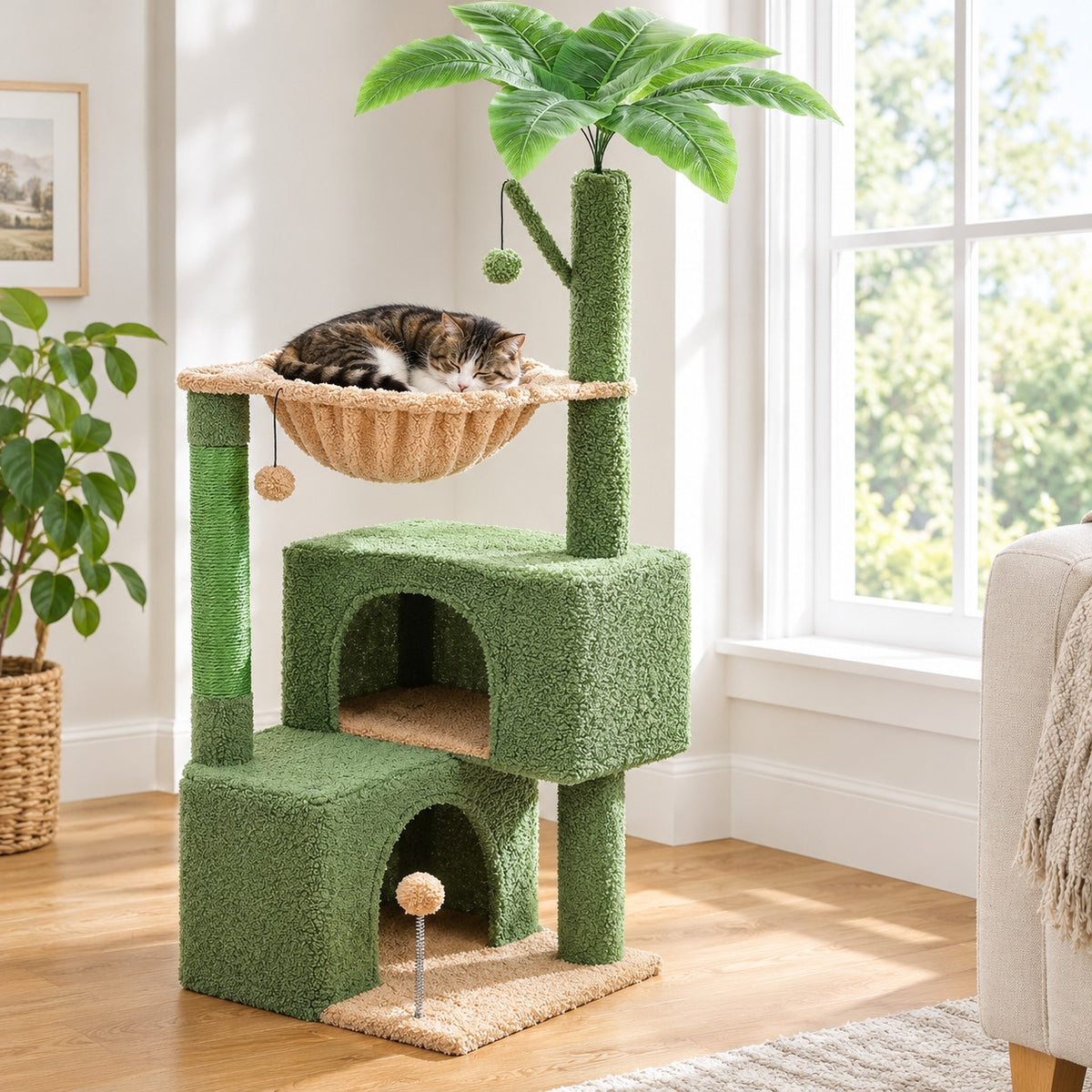 Palm-tree cat tree with basket bed and condo, 45.3 in