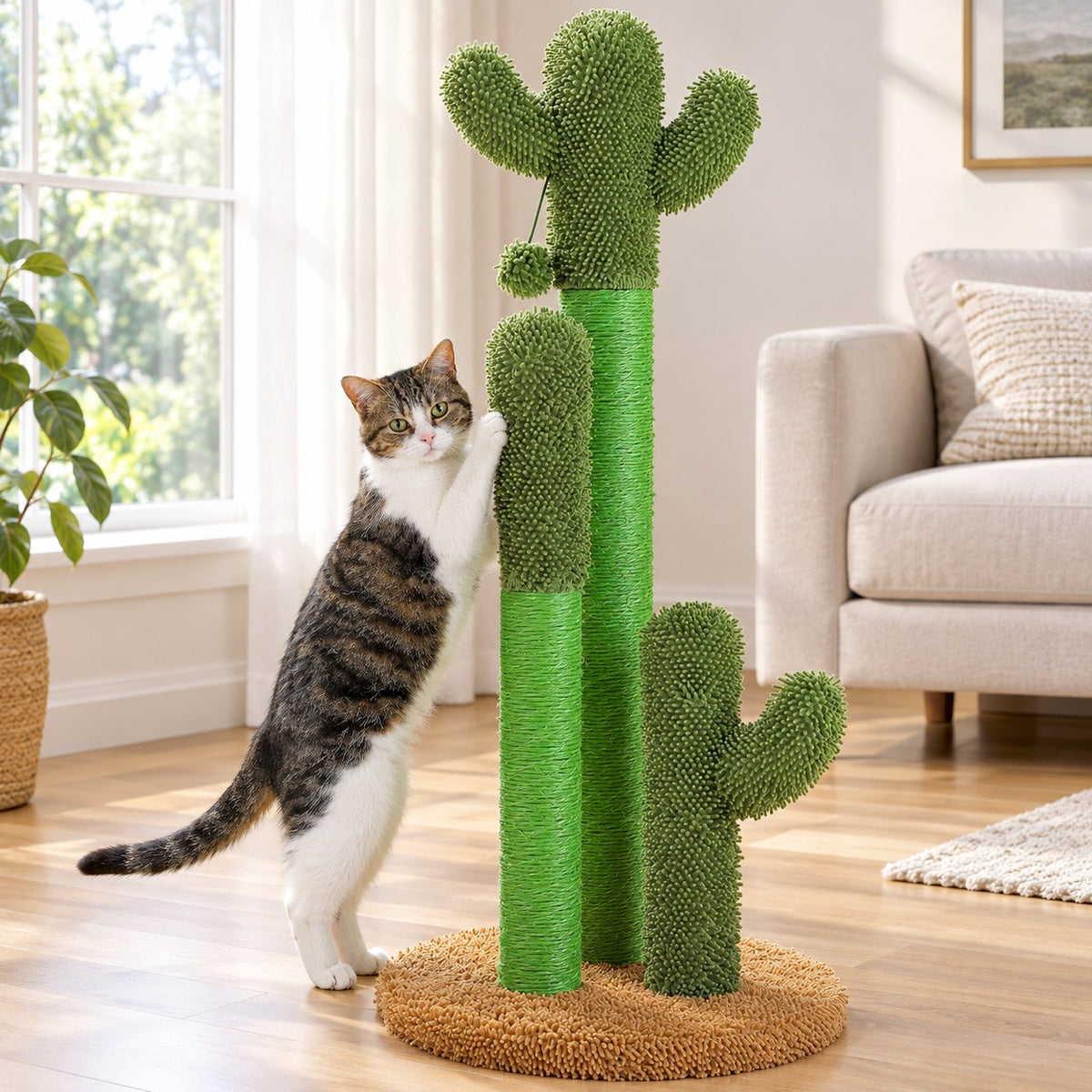 Cactus cat scratching post with three columns and brown round base, 35 in