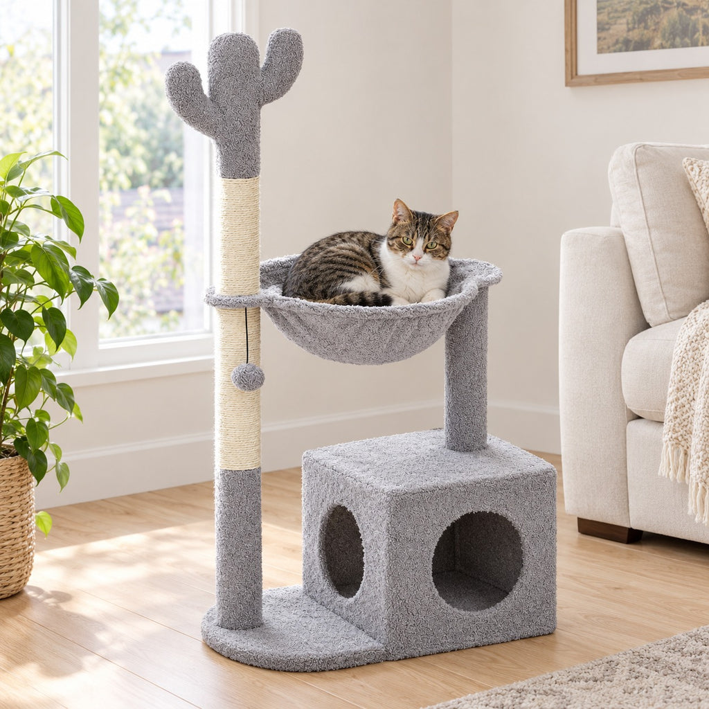 Grey cactus cat tree with round hammock and two-door condo, 40 in