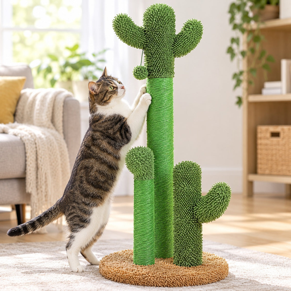 Cat scratching the sisal column of the cactus scratching post