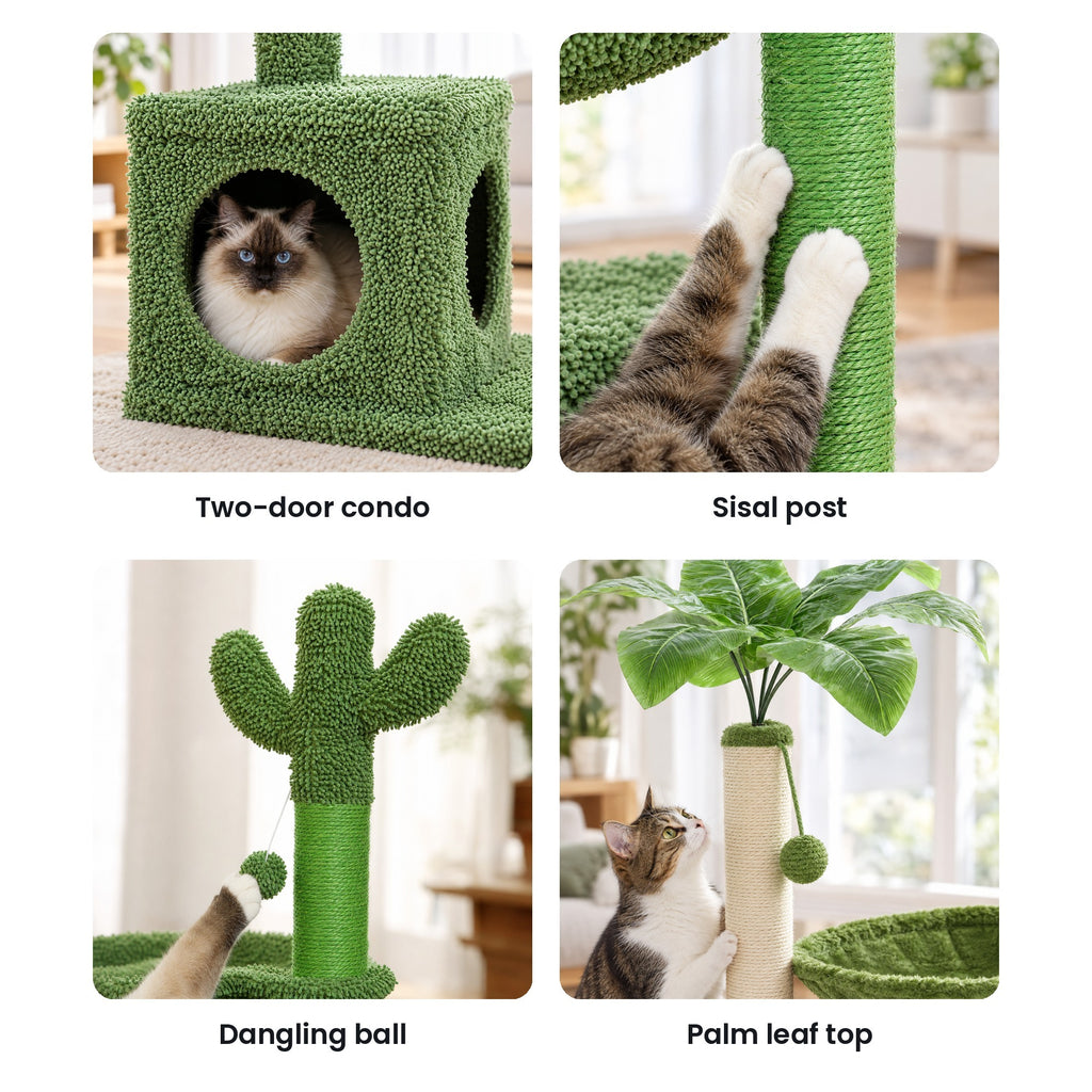 Cactus cat tree details: two-door condo, sisal post, dangling ball, palm leaf top