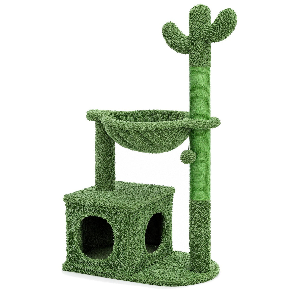 Green cactus cat tree with hammock and condo on a white background