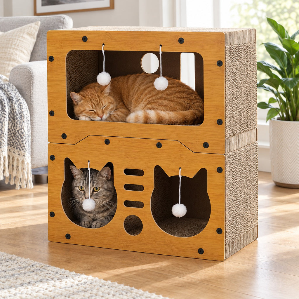 Cat asleep in the upper room of the 2-layer cardboard cat house while a second cat looks out below