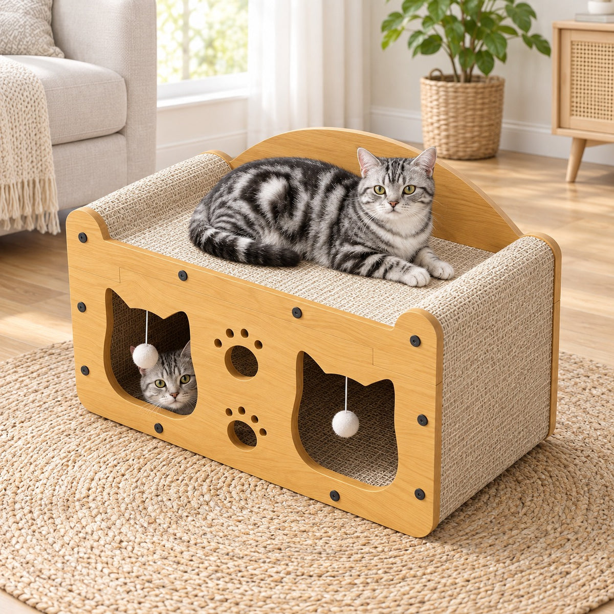 1-layer cardboard cat house lounger with curved scratching top and cat-head openings