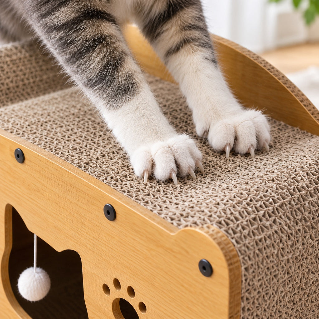 Cat paws scratching the curved corrugated cardboard top of the cat house