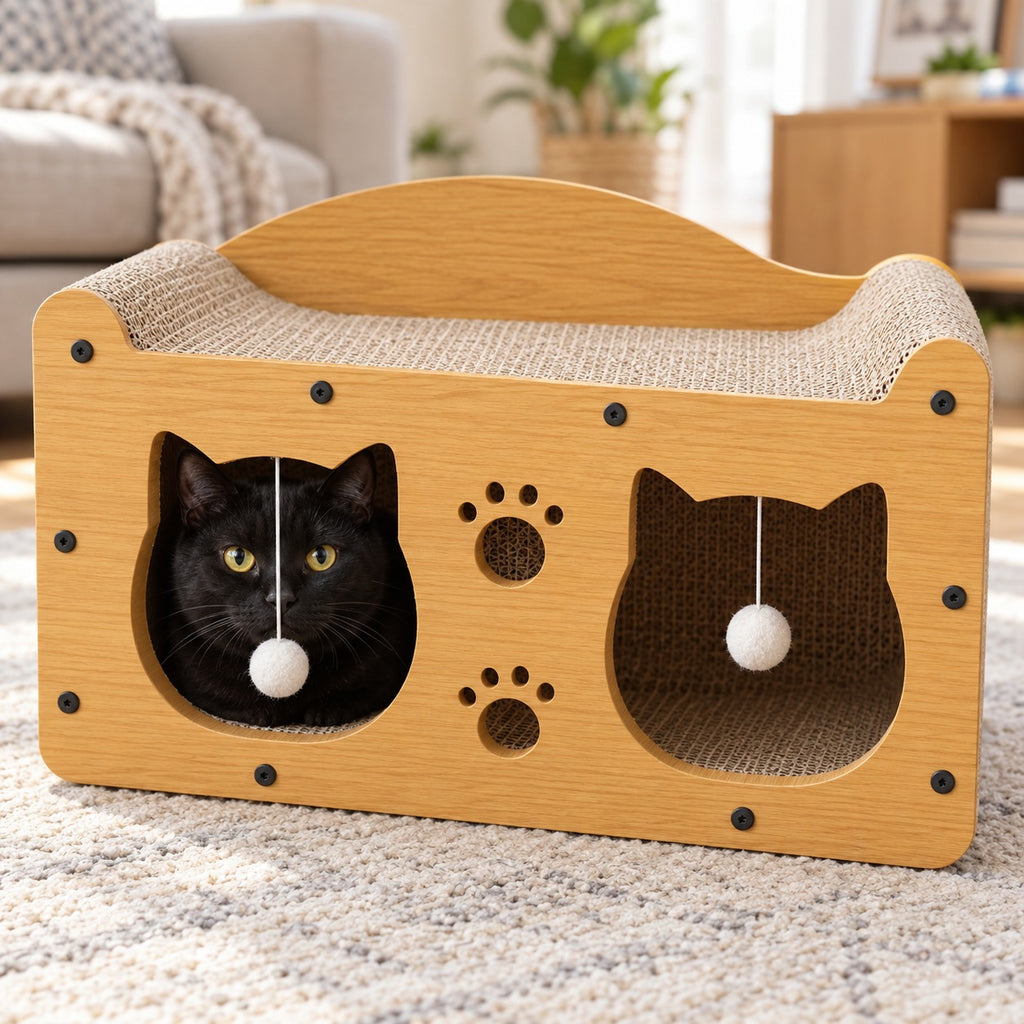Cat looking out of a cat-head opening of the cardboard cat house