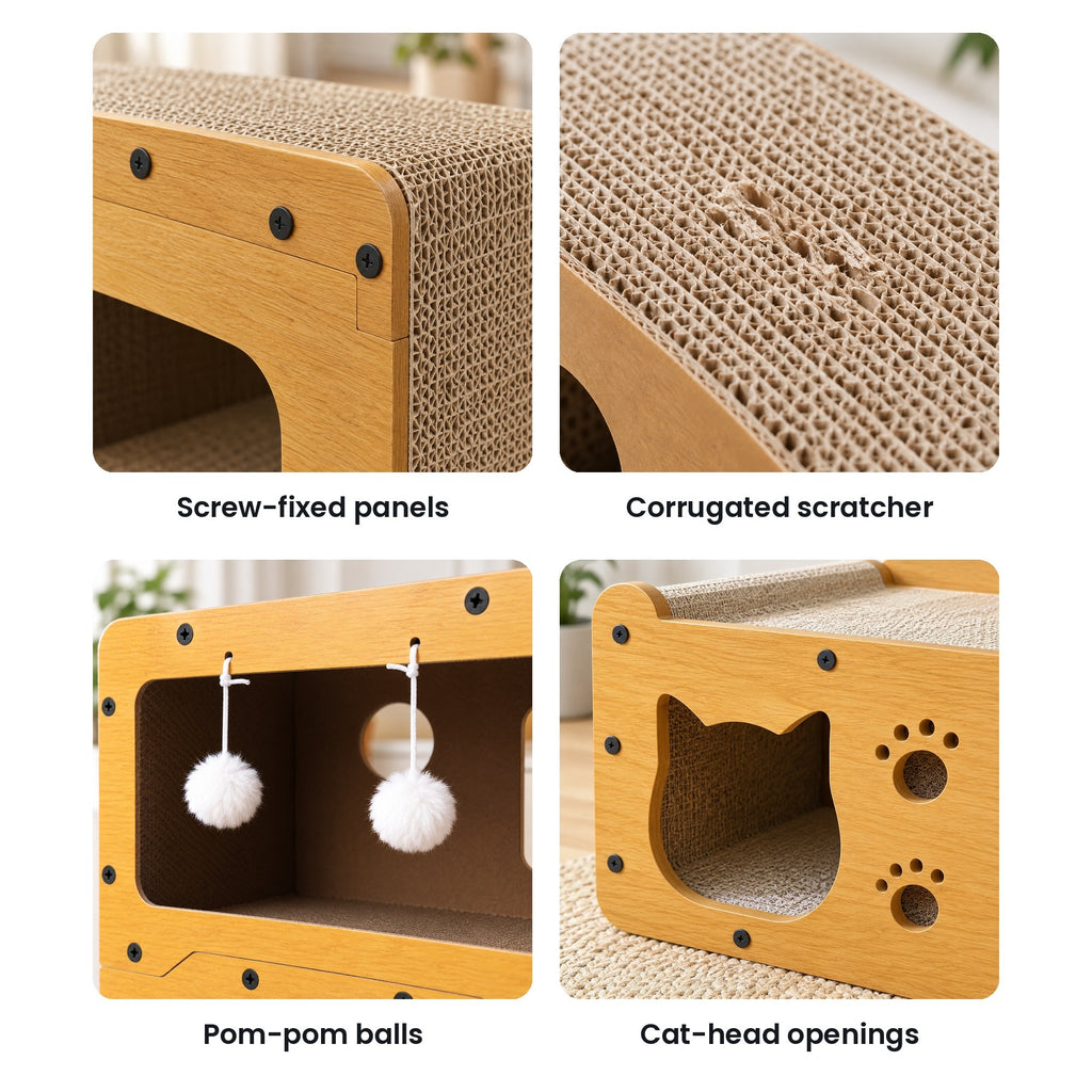 Cardboard cat house details: screw-fixed panels, corrugated scratch surface, pom-pom balls, cat-head opening