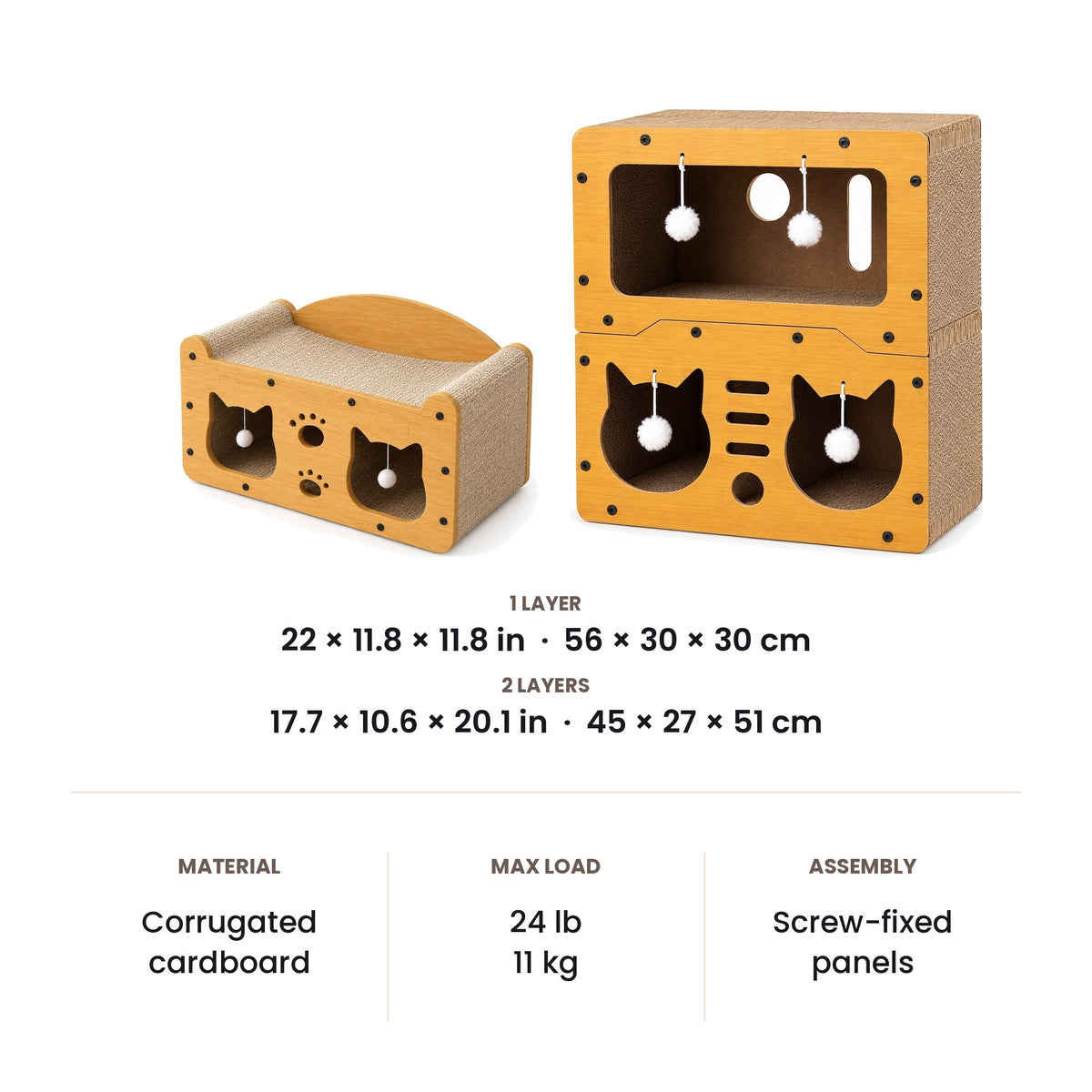 Cardboard cat house dimensions: 1 layer 56 x 30 x 30 cm, 2 layers 45 x 27 x 51 cm