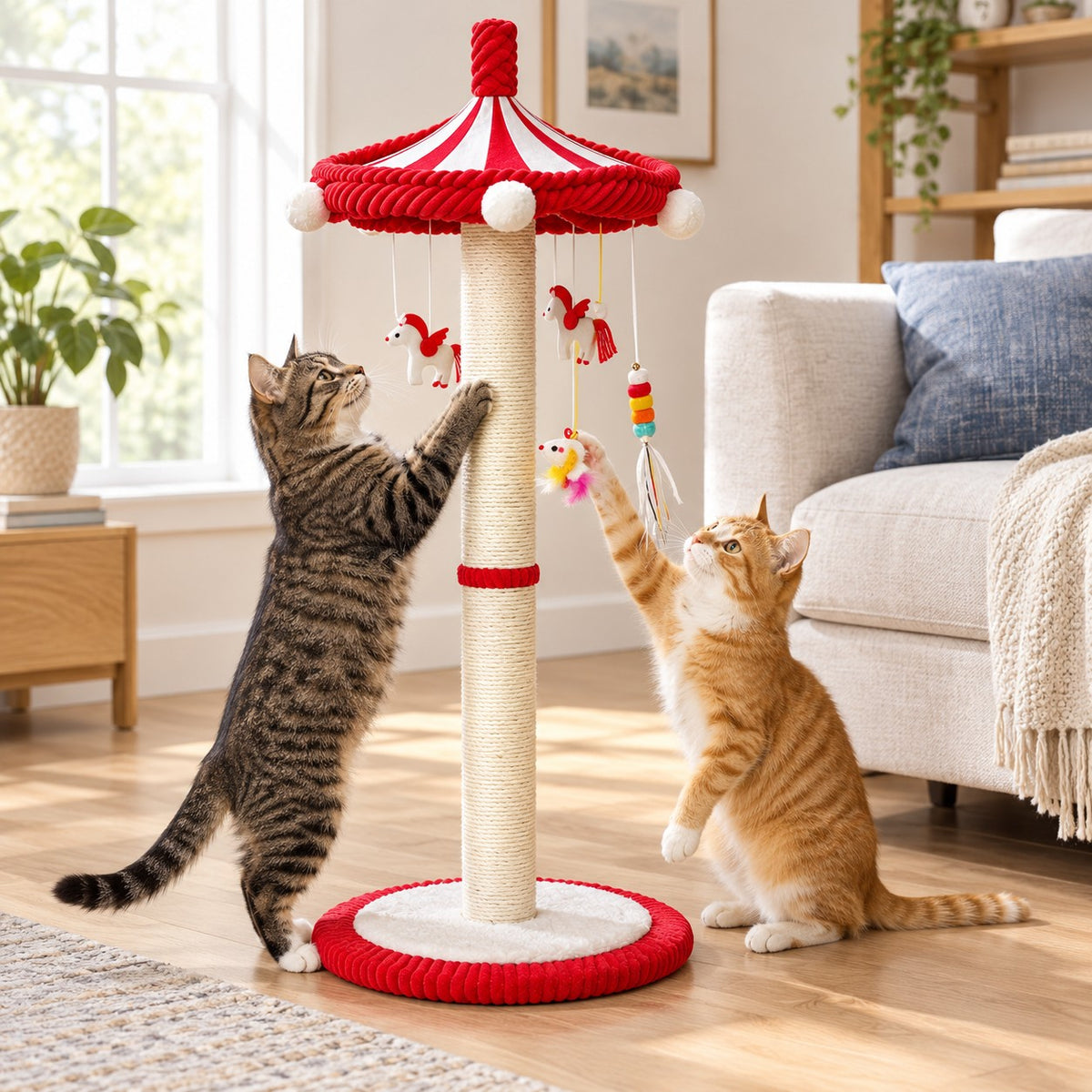 Cat scratching a carousel cat scratching post while another cat bats a hanging toy