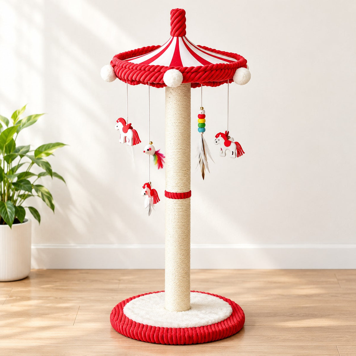 Carousel cat scratching post with red and white rotating top and hanging toys