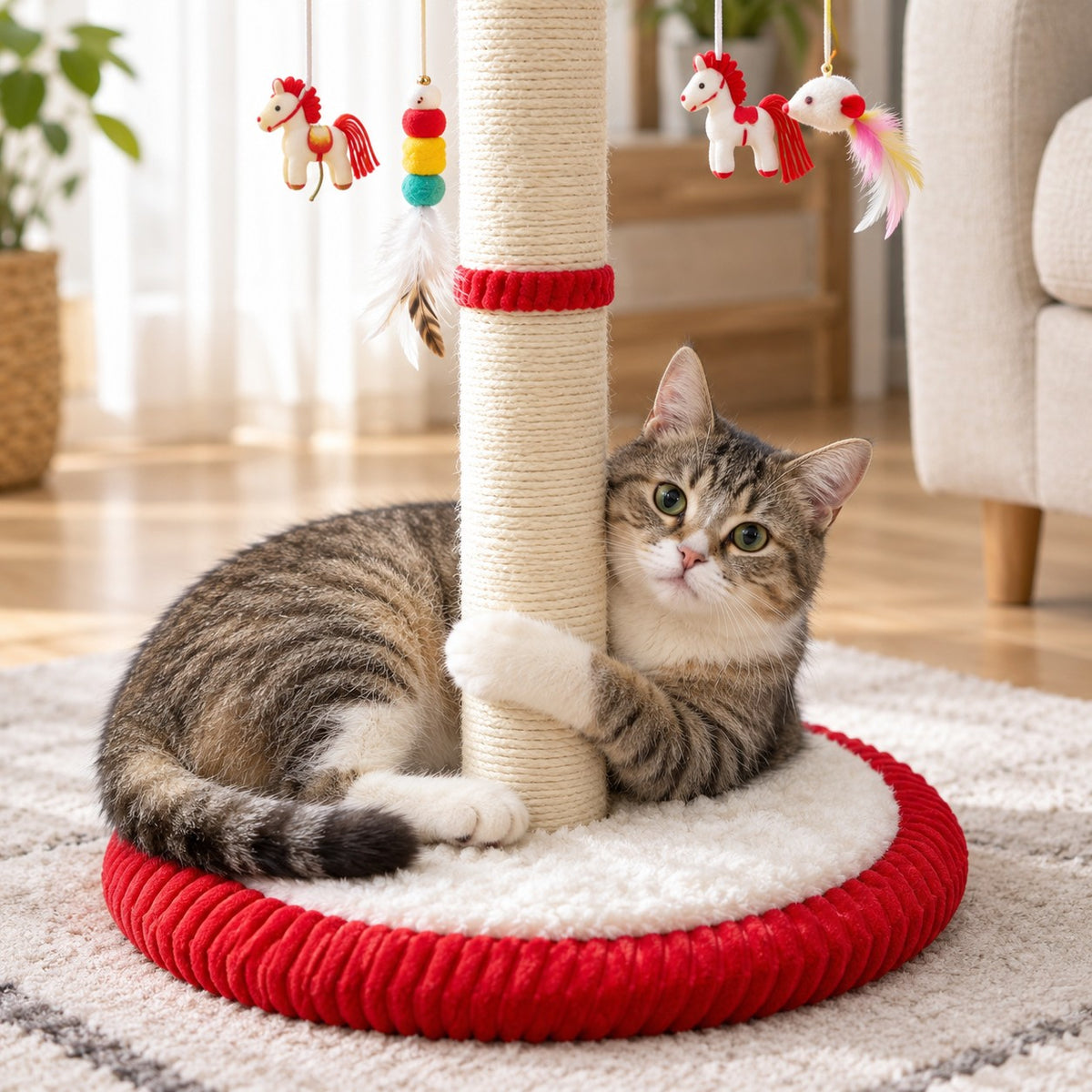Cat resting on the plush round base of the carousel scratching post