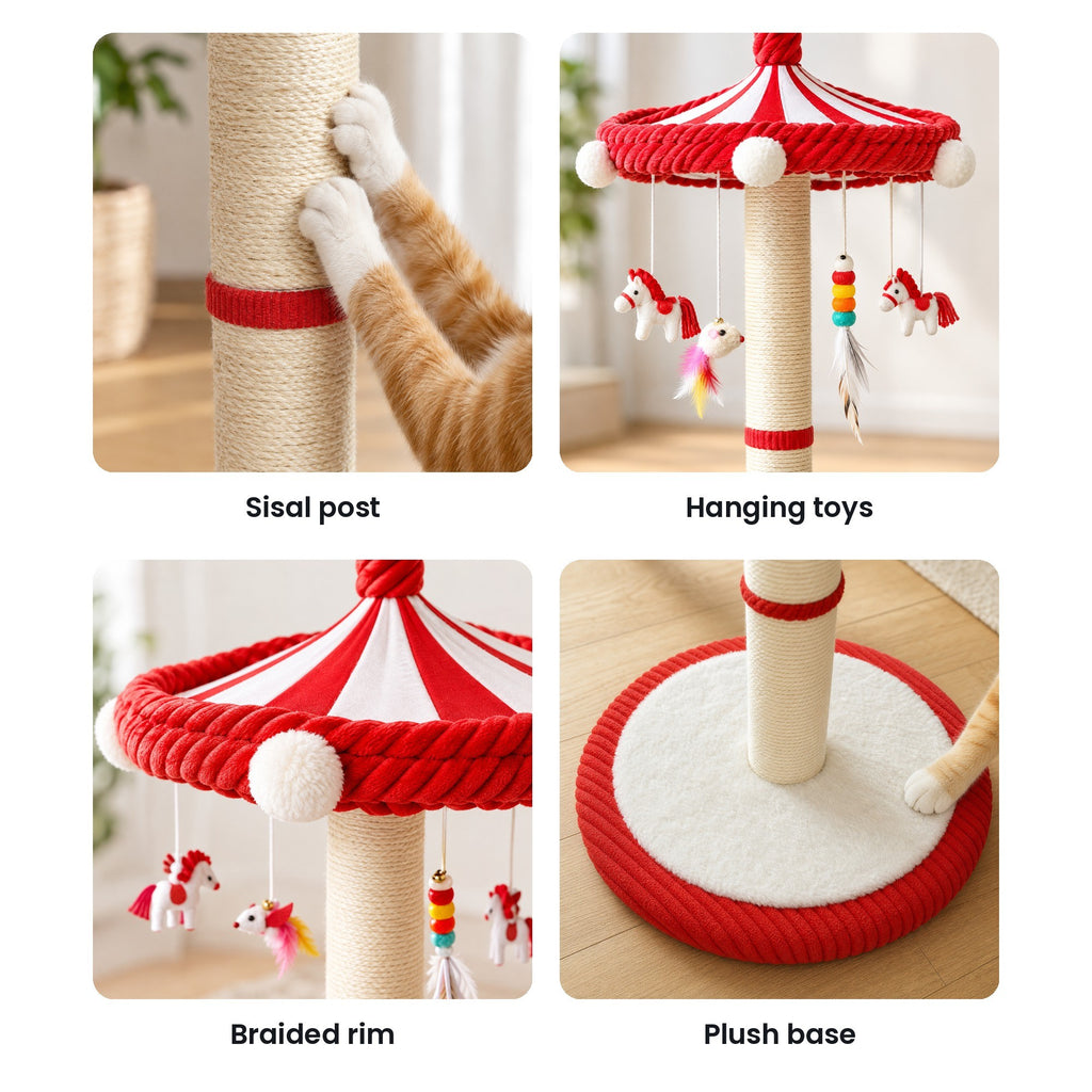 Carousel cat scratching post details: sisal post, hanging toys, braided rim, plush base