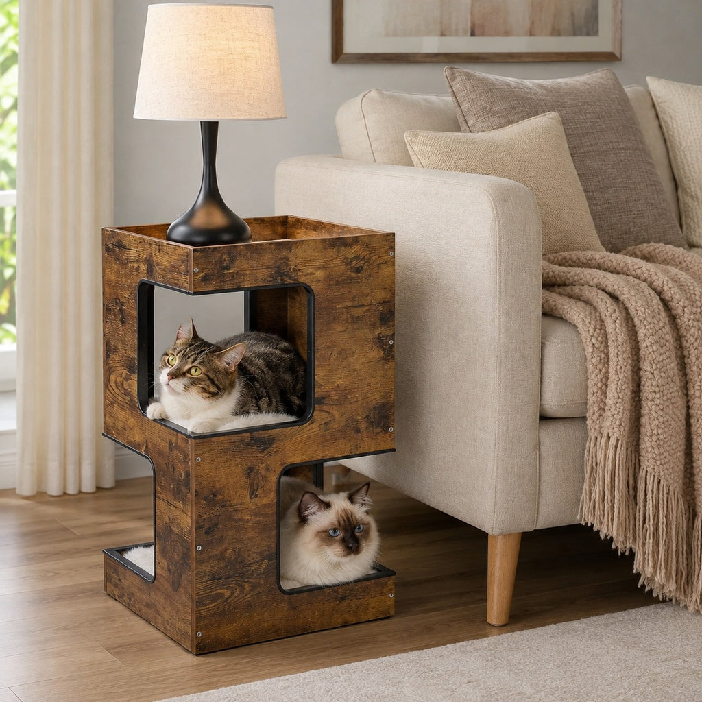 Cats resting in a Rustic Brown 3-level cat condo used as a side table next to a sofa
