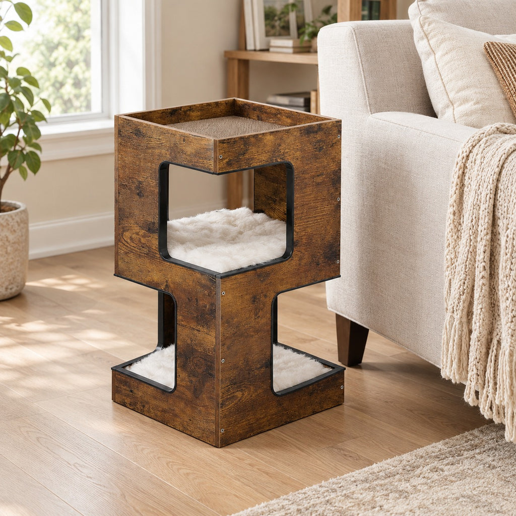 3-level cat condo side table in Rustic Brown wood grain