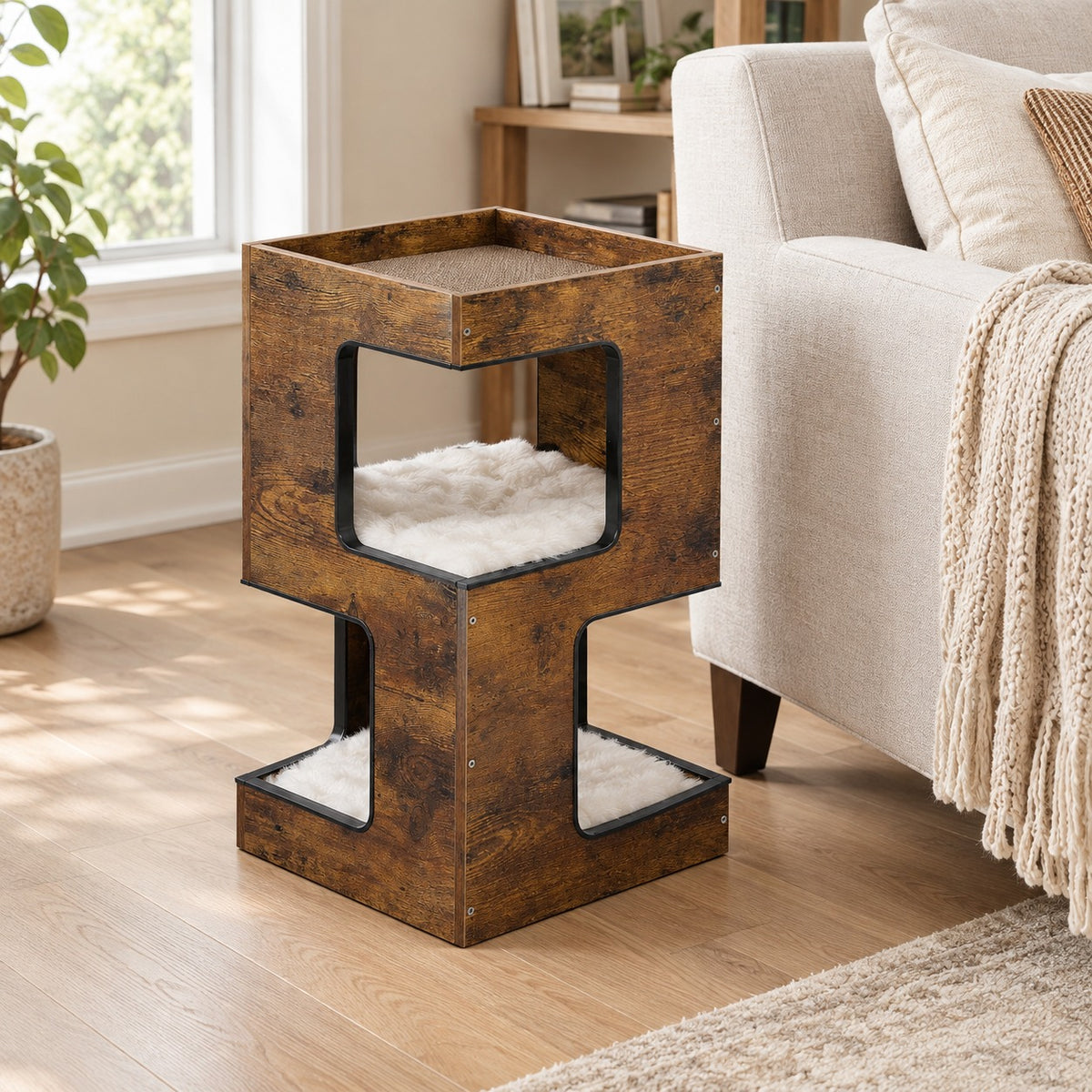 3-level cat condo side table in Rustic Brown wood grain