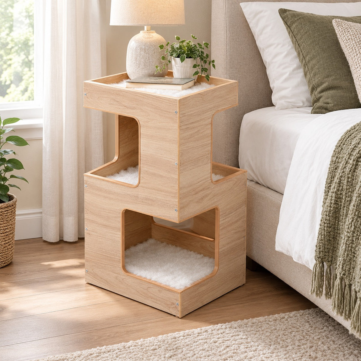 3-level cat condo side table in Natural Wood, used as a nightstand