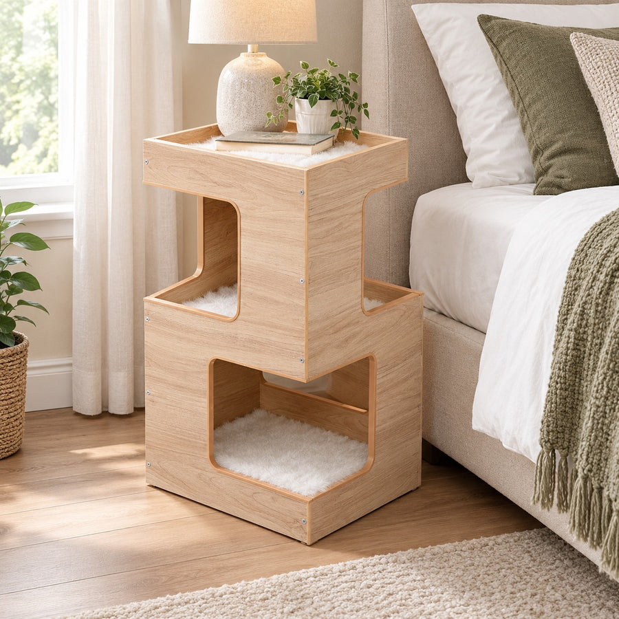 3-level cat condo side table in Natural Wood, used as a nightstand