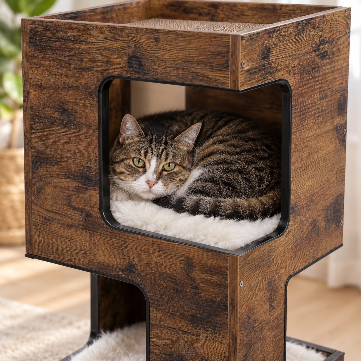 Cat curled up on the plush mat inside the middle level of the cat condo