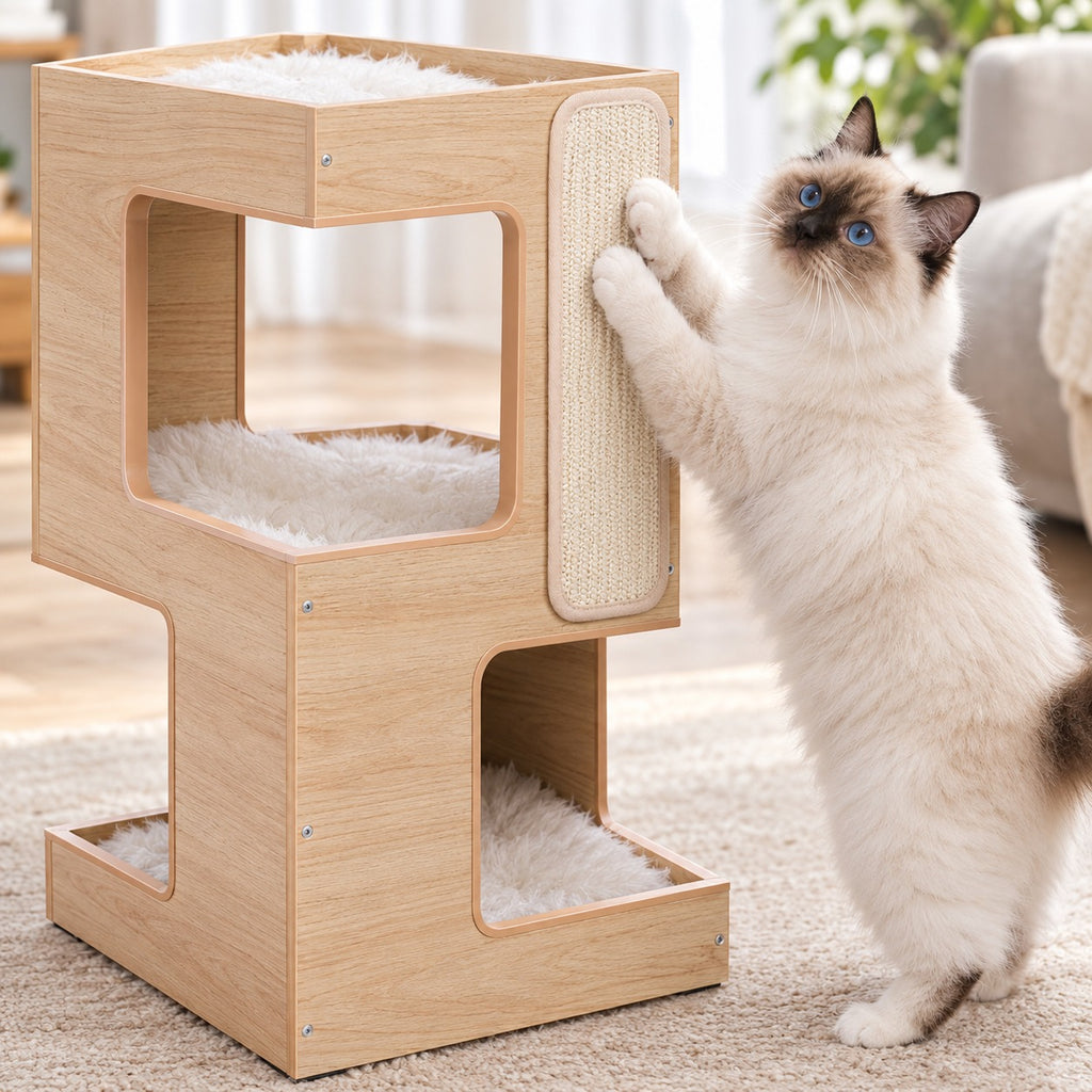 Cat scratching the side scratching mat of the Natural Wood cat condo